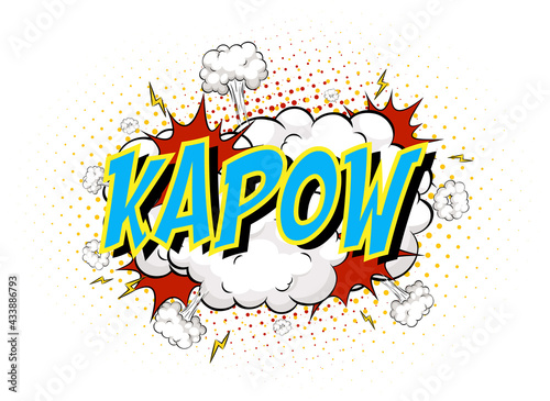 Word Kapow on comic cloud explosion background