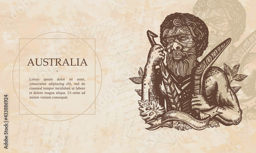 Australia. Australian ethnic tribe aboriginal man. Ancient warrior. Boomerang. Tradition, people, culture. Renaissance background. Medieval manuscript, engraving art