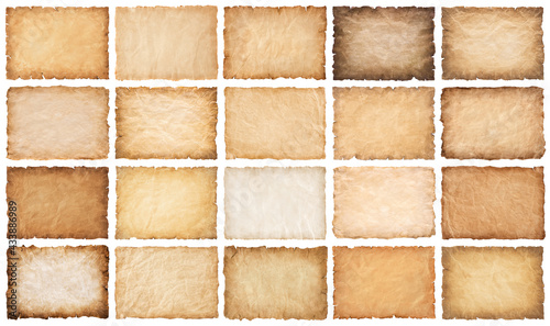 collection set old parchment paper sheet vintage aged or texture isolated on white background
