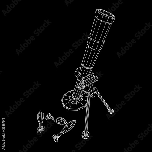 Firearm weapon army mortar and mine. Wireframe low poly mesh vector illustration