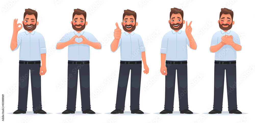 Obraz premium Set of positive and approving gestures. Happy man shows a gesture of gratitude, okay, cool, heart and victory.