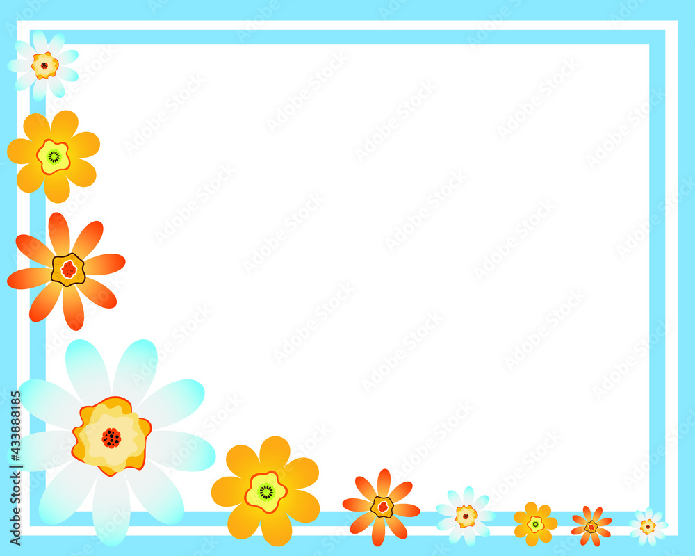Vector frame with orange and light blue chamomile flowers Vector frame with orange and light blue chamomile flowers