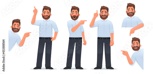 Set of a man character pointing his finger in different directions, up and down and looking out