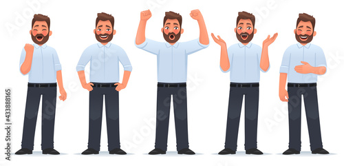 Set of character happy man. The businessman demonstrates the emotions of happiness and joy, victory and success