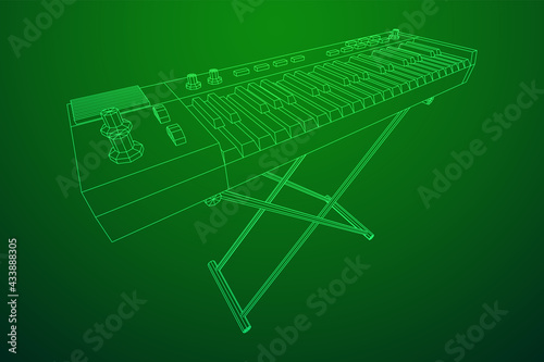 Piano roll analog synthesizer faders buttons knobs. Wireframe low poly mesh vector illustration.