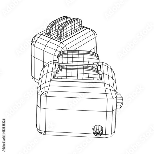 Toaster with two fried pieces of loaf prepared for a breakfast. Wireframe low poly mesh vector illustration.