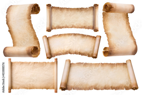 collection set old parchment paper scroll sheet vintage aged or texture isolated on white background