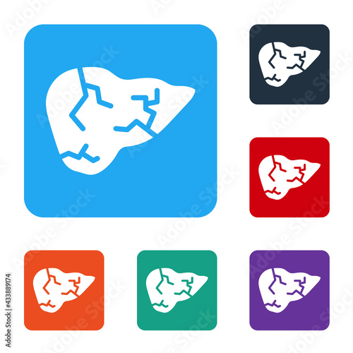 White Hepatitis virus on the human liver icon isolated on white background. World Hepatitis Day. Set icons in color square buttons. Vector
