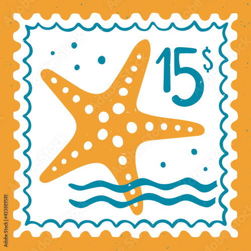 Cute sea post stamp face value of 15 dollars with a starfish and waves. For decoration, design, tattoo or scrapbooking. Vector shabby hand drawn illustration