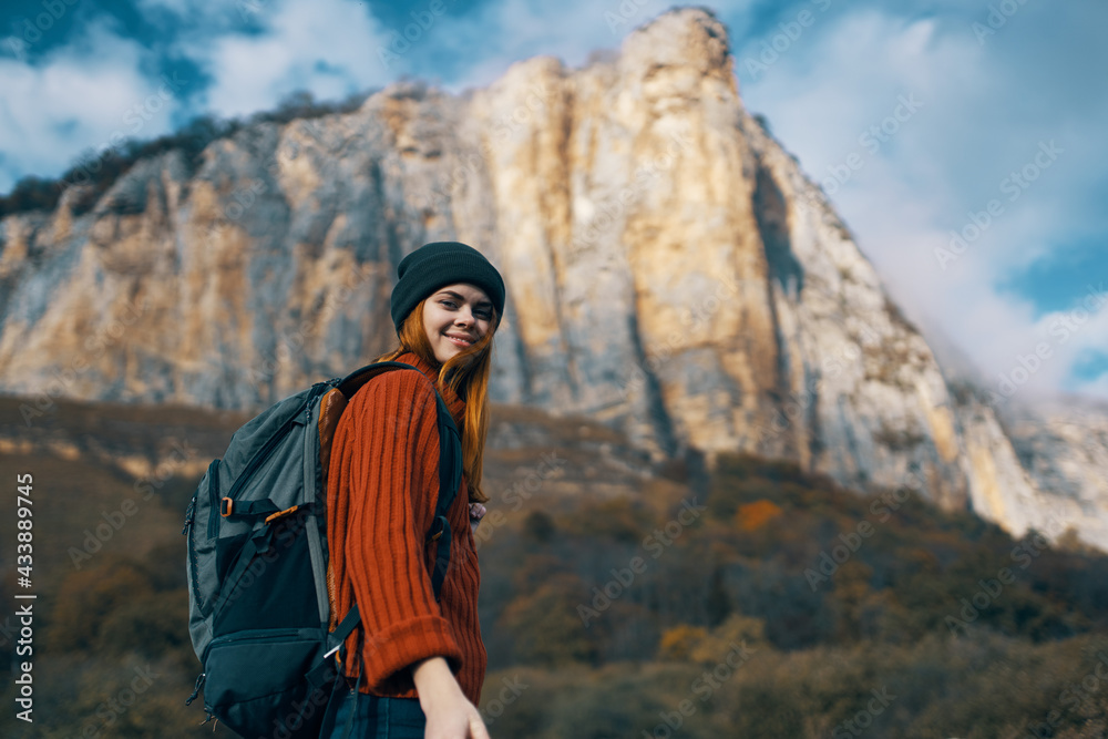 woman hiker backpack vacation landscape mountains travel