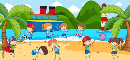 Fototapeta Naklejka Na Ścianę i Meble -  Beach scene with many kids doodle cartoon character