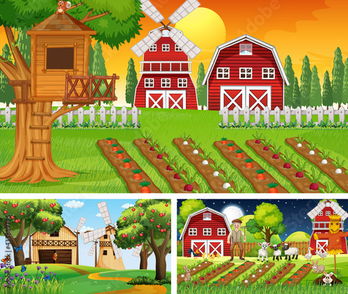 Different farm scenes with old farmer and animal cartoon character