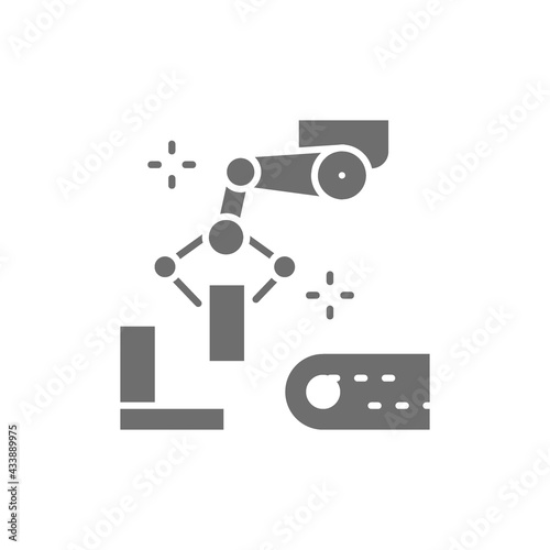 Robotic manipulator arm with metal parts, metallurgy production gray icon.