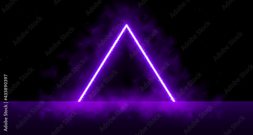 Neon laser vibrant triangle with sparks, haze, and laser grid on starry space background. Purple vivid triangular portal. Cyberspace. RetroFuturistic background design. Neon laser vibrant triangle with sparks, haze, and laser grid on starry space background. Purple vivid triangular portal. Cyberspace. RetroFuturistic background design.