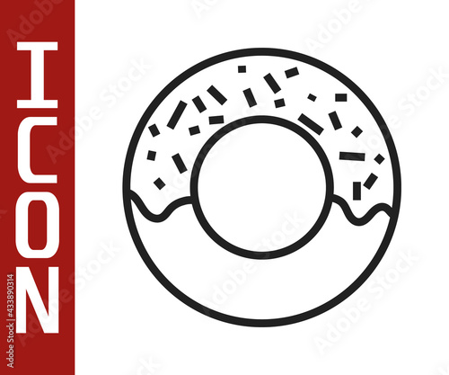 Black line Donut with sweet glaze icon isolated on white background. Vector Illustration