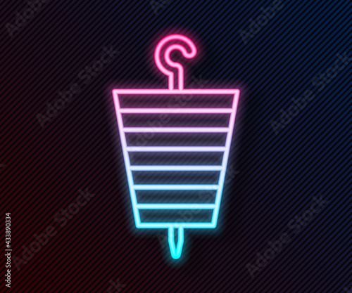 Glowing neon line Grilled shish kebab on skewer stick icon isolated on black background. Meat kebab on skewer stick. Picnic with grilled meat. Vector Illustration