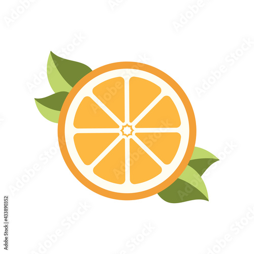 Orange citrus fruit half slice with wedges and leaves illustration. Simple flat icon logo clip art element vector design