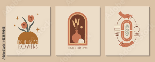 Vector modern minimalist prints. Abstract aesthetic illustration and bohemian contemporary wall art, interior decoration.  Poster with hands, vases, terracotta and plants