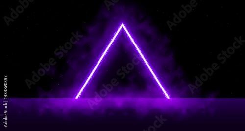 Neon laser vibrant triangle with sparks, haze, and laser grid on starry space background. Purple vivid triangular portal. Cyberspace. RetroFuturistic background design.