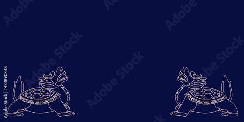 Dragon turtle in gold color. Postcard in oriental style in blue. The symbol of Chinese culture. Frame with empty place for text.