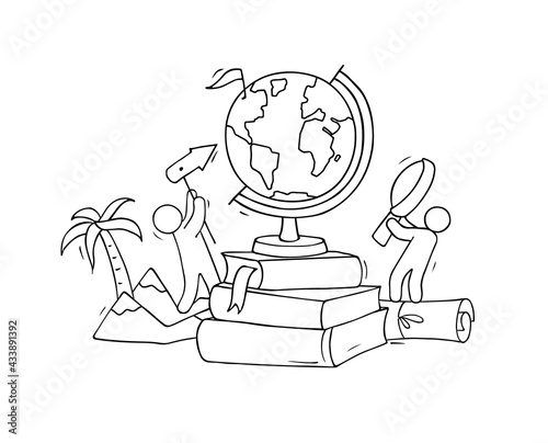 School illustration with globe, books and little people