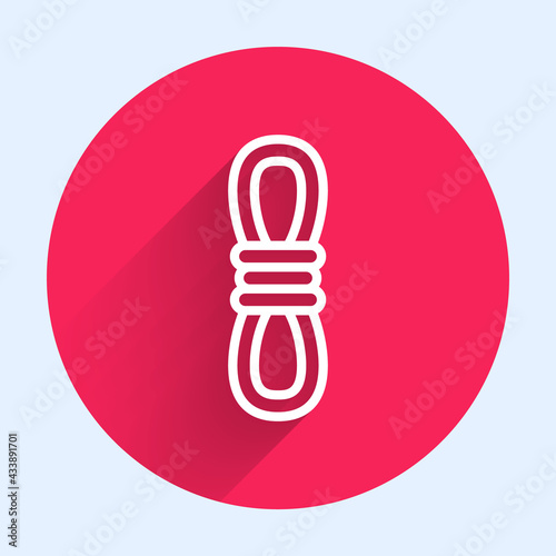 White line Climber rope icon isolated with long shadow. Extreme sport. Sport equipment. Red circle button. Vector