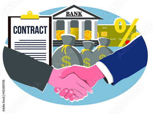 Two businessmen shaking hands to confirm signing a contract. Concluding a business agreement. Stock vector illustration