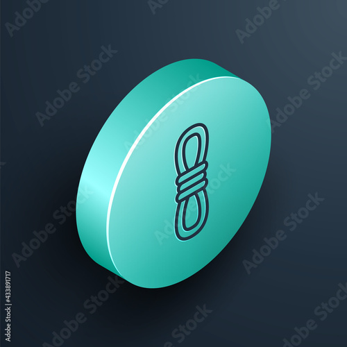 Isometric line Climber rope icon isolated on black background. Extreme sport. Sport equipment. Turquoise circle button. Vector