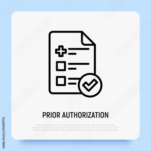 Medical insurance: sheet of paper with medical cross and check mark. Prior authorization. Thin line icon. Vector illustration.