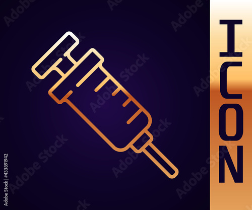 Gold line GMO syringe icon isolated on black background. Genetically modified organism acronym. Dna food modification. Vector