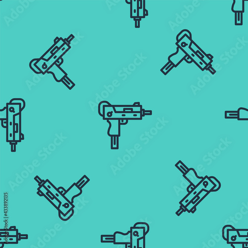 Black line UZI submachine gun icon isolated seamless pattern on green background. Automatic weapon. Vector