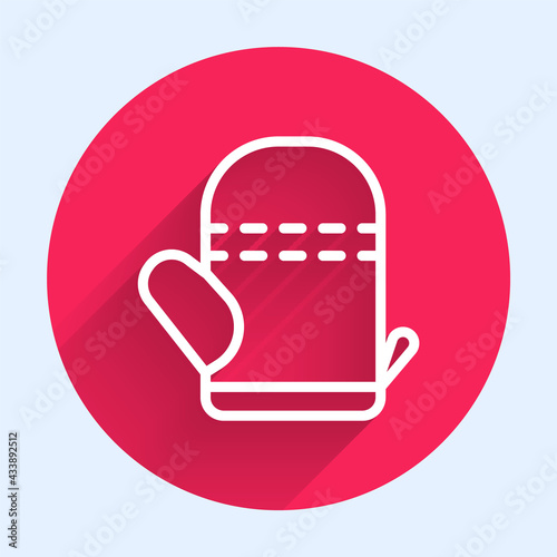 White line Oven glove icon isolated with long shadow. Kitchen potholder sign. Cooking glove. Red circle button. Vector