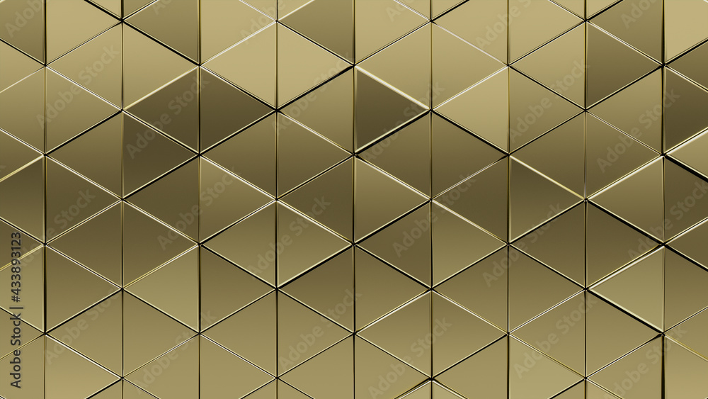 3D Tiles arranged to create a Glossy wall. Luxurious, Gold Background formed from Triangular blocks. 3D Render 3D Tiles arranged to create a Glossy wall. Luxurious, Gold Background formed from Triangular blocks. 3D Render