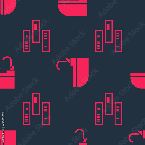 Set Shelf with books and Washbasin with water tap on seamless pattern. Vector