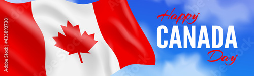 happy canada day banner design with canadian waving flag on sky background vector illustration