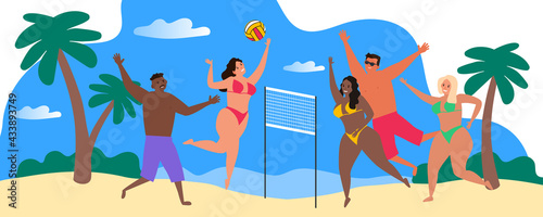 group of young people men and woman playing volleyball on the beach summer outdoor sports vector illustration