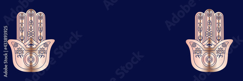 Fatima's palm in gold color. Banner in oriental style in blue. The symbol of Chinese culture. Template with an empty place for your text.