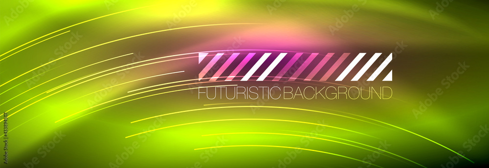 Neon glowing lines, magic energy and light motion background. Vector wallpaper template Neon glowing lines, magic energy and light motion background. Vector wallpaper template