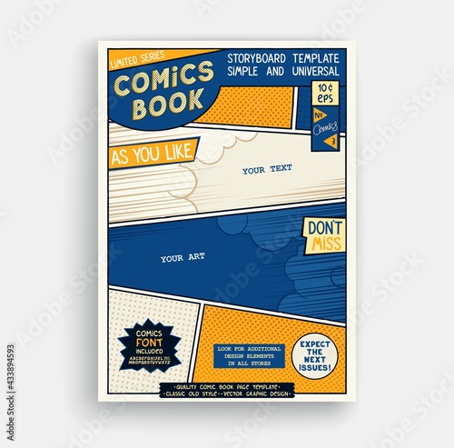 Comic book page template. Classic storyboard artwork. Comics magazine cover. Vector graphics