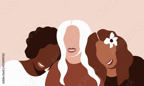 Banner of Women Different Ethnicities Modern Contemporary Style. Females Friendship Concept Abstract Minimalist Drawing. Vector illustration Terracotta and Brown Colors.