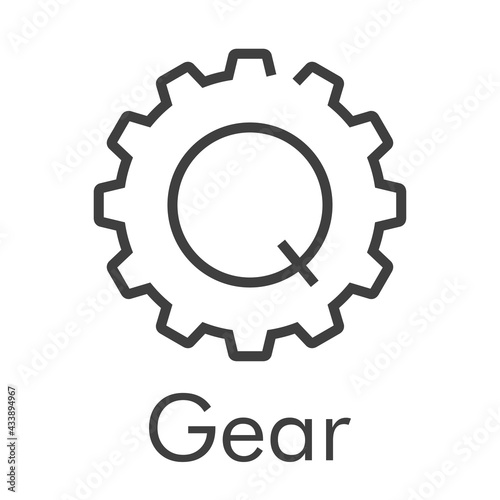 Logotipo palabra Gear con letra inicial Q en silueta de engranaje con lineas en color gris