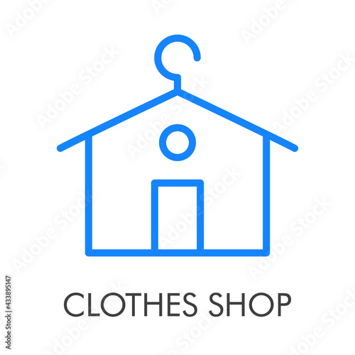 Logotipo con texto Clothes Shop con casa con tejado con forma de percha con lineas en color azul