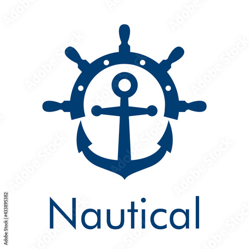 Logotipo con texto Nautical y ancla en timón en color azul