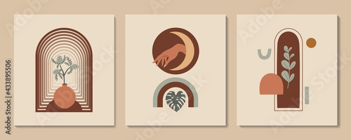 Vector modern minimalist prints. Abstract aesthetic illustration and bohemian contemporary wall art, interior decoration.  Poster with hand, vases, arch and tropic plants
