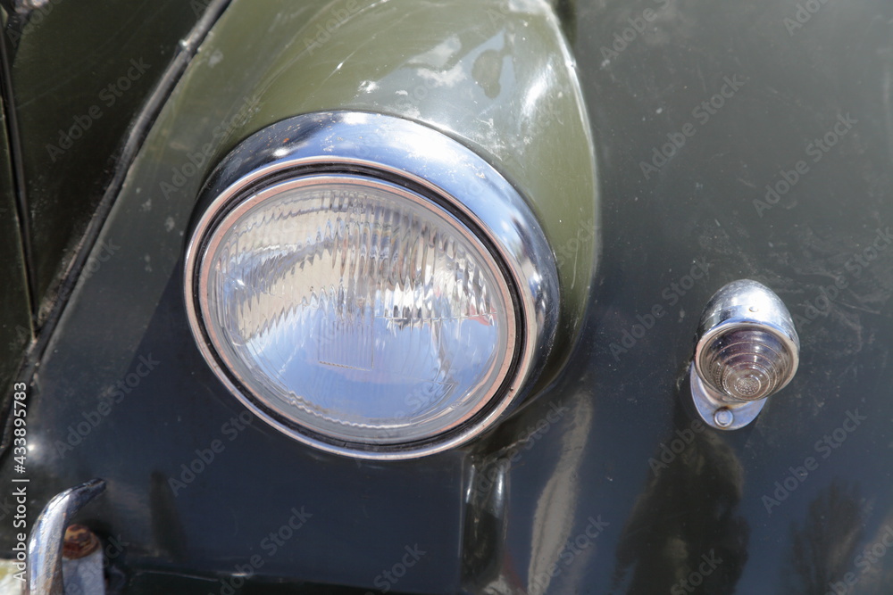 Vintage soviet military off road car headlight lamps closeup
