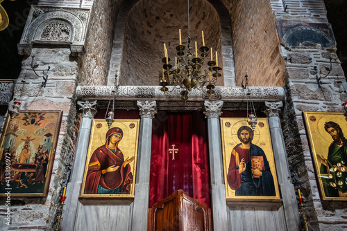 Distomo ,Greece - 10.08.2019 :Interior View and golden mosaic on walls and ceiling of the byzantine monastery of Hosios Loukas (Holy Lucas) in Greece. photo