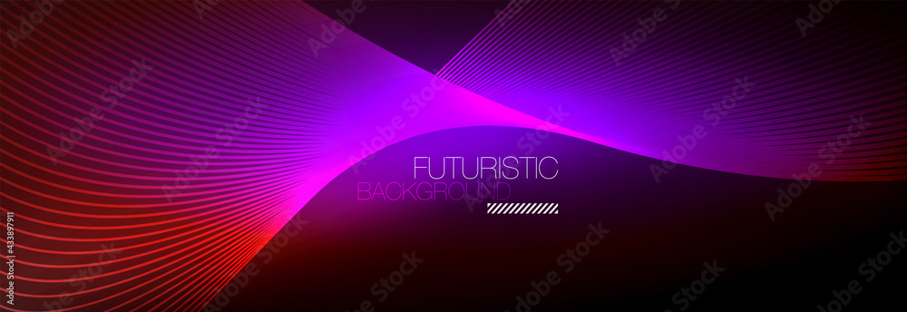 Abstract neon glowing light in the dark with waves. Shiny magic energy and motion concept, vector abstract wallpaper background Abstract neon glowing light in the dark with waves. Shiny magic energy and motion concept, vector abstract wallpaper background
