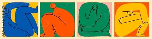 Set of various strange creatures or people or persons with long arms and small heads. Cute disproportionate isolated characters inscribed in squares in different poses. Hand drawn Vector illustration 