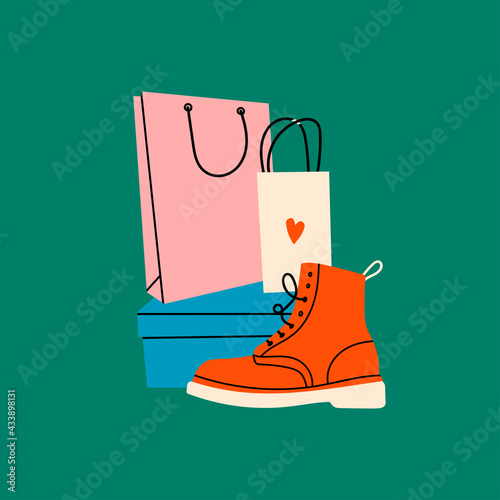 Red stylish boots, Shoe box with various paper Shopping or gift bags. Sacks for purchases, presents. Hand drawn Vector illustration. Shopping, Sale concept. Poster or print template