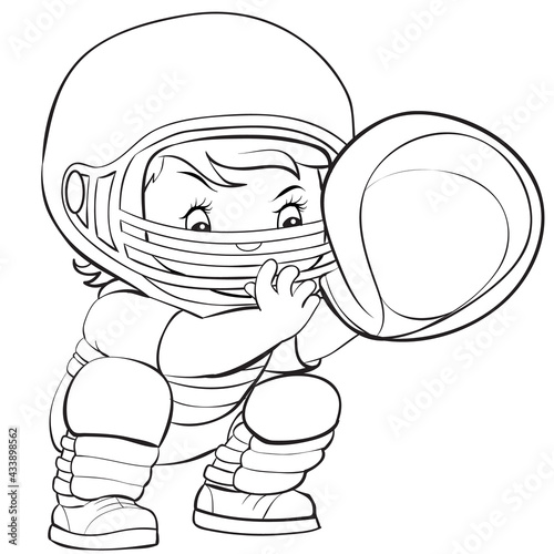 sketch, a painless player in a helmet and with a glove sits and is ready to hit the ball, isolated object on a white background, cartoon illustration, vector,